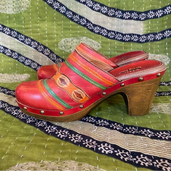 Spring Step Aztec Studded Leather High Heel Clog Mules Size 40 - Picture 6 of 13